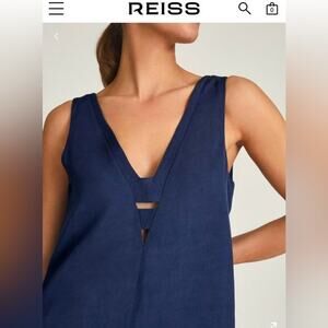 Reiss Emi Linen Blend V Neck Top, Ladder Cut Out Bars, Blue, Sz 2
